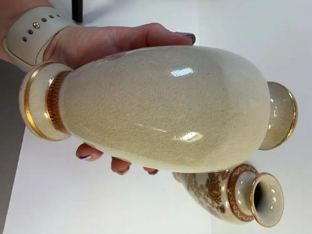 Vintage Japanese Satsuma Style Crackle Glaze Floral Bird Vases Set of 2